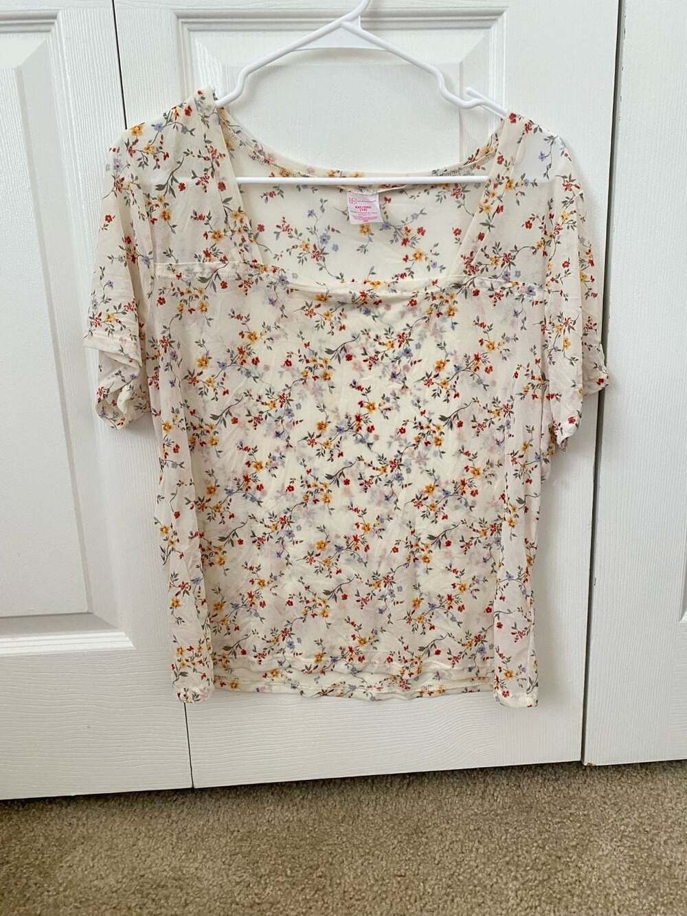 No Boundaries Cream Mesh Floral Print Square Neck Short Sleeve Top XXL